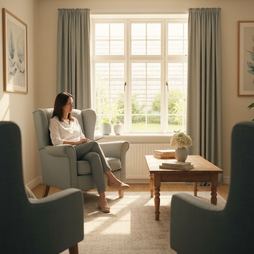 Sala de atendimento terapêutico acolhedora e tranquila para sessões de terapia holística